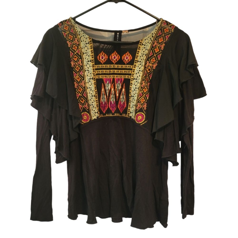 Free People La Cienega Embroidered Top Size Small Ruffle Sleeves Boho